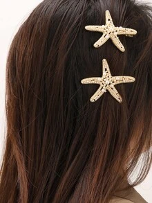 2PCS Faux Pearl Starfish Hair Clips, Women's Ocean Series Gold Metal Hair Clips, Bohemian Y2K Style Beach Hair Accessories, Elegant Starfish Hair Clip Set - Multicolor - View 5