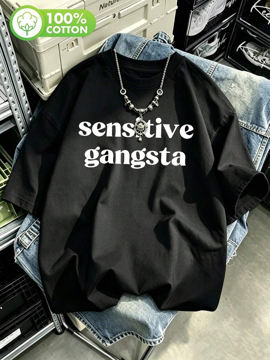 大尺碼女款黑色圓領短袖「Sensitive 」圖案T恤,標準版型高彈力面料上衣,休閒夏季風格 - 黑色 - 查看 1