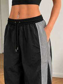 Women's Black Wide Leg Sweatpants, Grey Contrast Side Panels, White Trim, Drawstring Elastic Waist, Suitable For Casual Daily Wear - Black - View 6