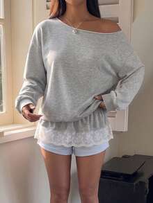 Women's Grey Asymmetric Collar Long Sleeve Knit Top - Light Grey - View 6