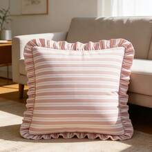 1pc Striped Ruffle Pillow Case, Bohemian, Soft Square Decorative Cushion Cover, Country Style Light-Colored Striped Sofa Bed Home Decor, No Inner Core - Blue - View 7
