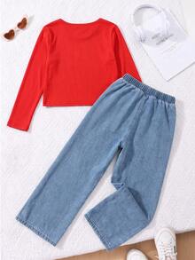 Tween Girls Textured Striped Bow Casual Top With Cute Cherry Embroidered Straight Leg Denim Jeans, Comfortable Autumn/Winter Outfit - Multicolor - View 2