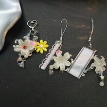 鑰匙圈DIY配件 手鍊珠飾吊墜 藍色與粉色花朵 手機鍊 手腕帶 串珠吊飾 相機吊飾 高端Ins風短鍊 - 粉色 - 查看 2