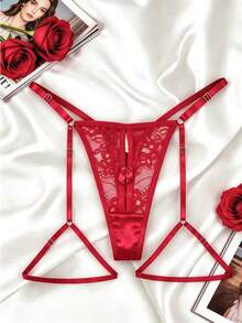 Celana Dalam Thong Renda Wanita dengan Teks Kustom - Dilengkapi Tali yang Dapat Diatur dan Desain Renda Transparan, Pakaian Dalam Hitam Ini Memungkinkan Personalisasi - Burgundy - View 5