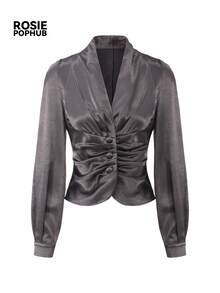ROSIE POPHUB Women Grey Satin V Neck Long Sleeve Blouse Ruched Button Front Slim Fit Shirt Elegant Commute Party Christmas Top For Fall Winter - Dark Grey - View 9