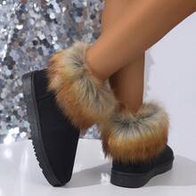 Black Fold-Over Gradient Short Snow Boots, Thick Fleece Lining Flat Sole Winter Slimming Ankle Boots - Black - View 5