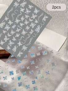 2pcs Holographic Laser Silver Line Butterfly Curve Flower Stickers, Transparent Gradient Starlight Waterproof Decals For Laptop, Mini Speaker, Phone Case, Digital Product Shell, Cool Style Decorative Sticker Material - Holographic Butterfly Four-leaf Clover - View 7