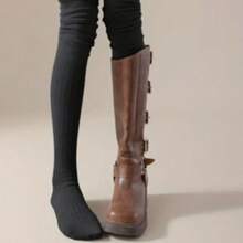 4 Pairs One Size Vintage Loose Fuzzy Knee-High Thigh Socks, Featuring Fine Vertical Striped Knit Craftsmanship, Elastic Cuff - Multicolor - View 7