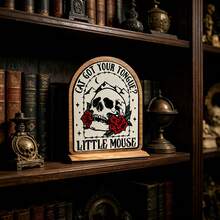 1pc AIDIS Wooden Bookshelf Sign - Vintage Gothic Style With Skull And Rose Pattern, Featuring "Cat Your Tongue" Text. Artificial Wood Desktop Decor, Suitable For Bedroom, Perfect Gift For Book Lovers. - Skull Bookshelf - View 3