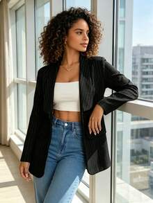 Women's Elegant Lapel Striped Casual Jacket - 黑色 - 查看 7