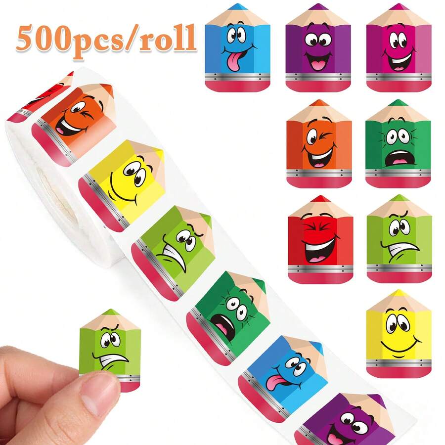 500 PIEZAS/Rollo Pegatinas de Lápiz Coloridas 2.5cm/1 pulgada Pegatinas de Lápiz con Forma de Grafiti Pegatinas de Lápiz Brillantes Marcado de Entrenamiento en Casa, Primer Día de Escuela - Multicolor - Ver 1