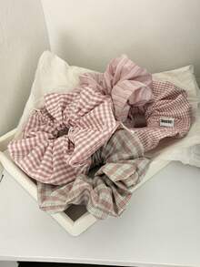 1PC/4pcs Plaid Casual Polyester (Polyester) Korean Style New Pink Tone Checkered Large Scrunchie Sweet Elegant Versatile Ponytail Hair Tie Back Of Head Large Size - Multicolor - View 12