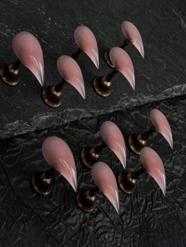 10pcs 25MM Unique Personalized Vintage Street Style Minimalist Casual Elegant Daily Exquisite Sweet Cute Solid Color Jelly Pink Transparent Pointed Toe Handmade Short Cat Eye False Nail Tips Set, Suitable For Girls And Women, Make You More Charming