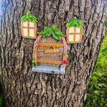 3pcs Welcome Wooden Gnome Door Decor Tree Ornament Set, Green Leaf Roof Mini Fairy House Window Hanging Decor, Outdoor Garden Tree Art Hanging Decor, Fairy Garden Decoration - Leaf Tree Hanging Decoration - View 7