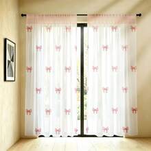 2pcs Pink Bow Decor Sheer Curtains, 2D Printed, Semi-Transparent, Rod Pocket, Sweet & Cute Style, Suitable For Living Room And Bedroom - Multicolor - 2pcs - View 5