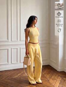 Linen Casual Elegant Knit Top And Linen Pants Two Pieces Set, Suitable For Casual, Holiday, Daily, And Commuting Summer Yellow - Yellow - View 5