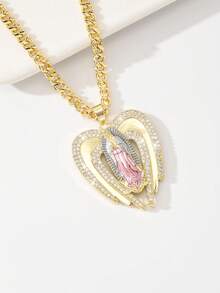1PC Women's Pendant, 14K Gold Plated Copper Material Inlaid With Zirconia, Double Layer Heart Wing Pink Cloak Virgin Mary Pendant Design Paired With Cuban Chain, Suitable For Daily Commute, Dating, Church Worship, Birthday, Valentine's Day, Christmas, Easter, New Year Gift, Women's Heart Religious Accessory - Yellow Gold - View 10