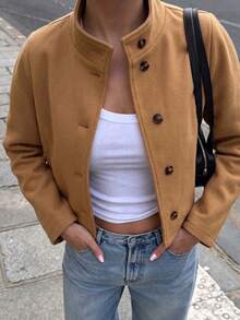 Jaket Pendek Wanita Warna Cokelat Muda dengan Kerah Tegak dan Kancing, Terbuat dari Campuran Wol, Lengan Panjang, Longgar, Minimalis, Gaya Streetwear Kasual Prancis untuk Musim Gugur - Khaki - View 3