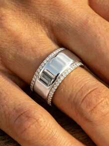 Vanel 1pc Modern Minimalist Polished Solid Band Ring With Synthetic Cubic Zirconia Inlay, Suitable For Minimalist Cold Style, American Vintage, Commuter Business, Neutral Workwear - Silver - View 4