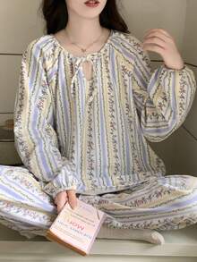 2pcs Women's Pajama Loungewear Set, Romantic Ditsy Floral Neckline Tie Pullover Long Sleeve Pants, All Season - Multicolor - View 9
