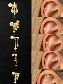 1 pièce Boucle d'oreille de cartilage en argent sterling 925 avec chaîne à franges et étoile en zircone cubique, bijou cadeau pour femmes pour usage quotidien, rendez-vous, Saint-Valentin et mariage - #4 - Voir 12