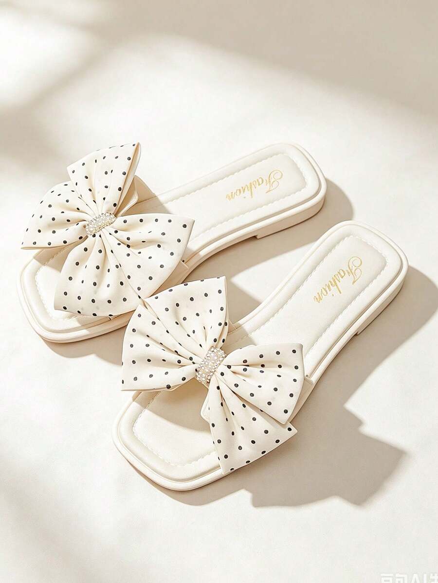 Fashion Square Toe Polka Dot Bow Flat Slides Women Summer New Casual Cross-Border Beach Sandals - White - View 1