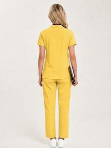 Women's Scrub Set, Solid Color Dental Hospital Uniform Set, Lab Hospital Pet Care Jogger Pants Set - Mustard Yellow - View 2