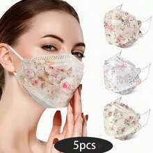10/5pcs Elegant Floral Style Women's Face Masks, 3D Breathable Decorative Face Covers - Multicolor - View 13