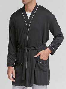 Men's 3/4 Sleeve Pure Black Pocket Comfortable Unisex Robe With Waist Belt - Multicolor - View 3