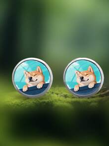 1 Pair Soft Cute Healing Style Blue Sky Shiba Inu Pattern With 316 Stainless Steel Round Stud Earrings Suitable For Women's Daily Wear - Turquoise - View 2