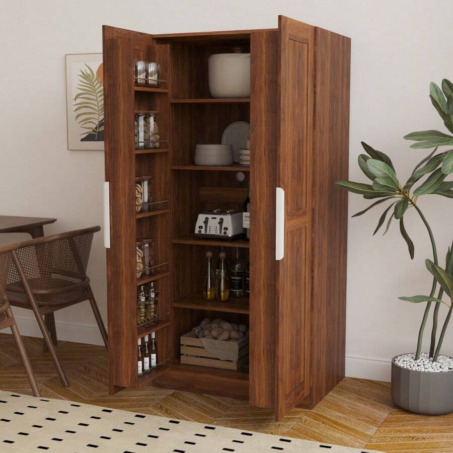 62.99in Kitchen Pantry Cabinet, Walnut  Freestanding Buffet Cupboards Sideboard With Doors &  Shelves, Kitchen Pantry Storage Cabinet For Kitchen, Living Room And Dinning Room-XY346867 - Multicolor - View 1
