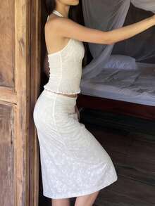 Top Dazzle Chic Women's Knitted Halter Top With Deep V Neck And Backless Design, Short Length - White - View 7
