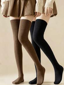1/2雙女款純色加厚過膝襪與腿套 抓絨內裡 柔軟保暖 秋冬休閒運動款 完美聖誕禮物 - 彩色 - 查看 4
