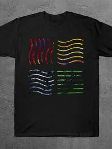Men's Black Graphic Print T-Shirt, Short Sleeve Crew Neck Casual Tee, Abstract Wavy Line Design Fashion Top VYOY - Black - View 2