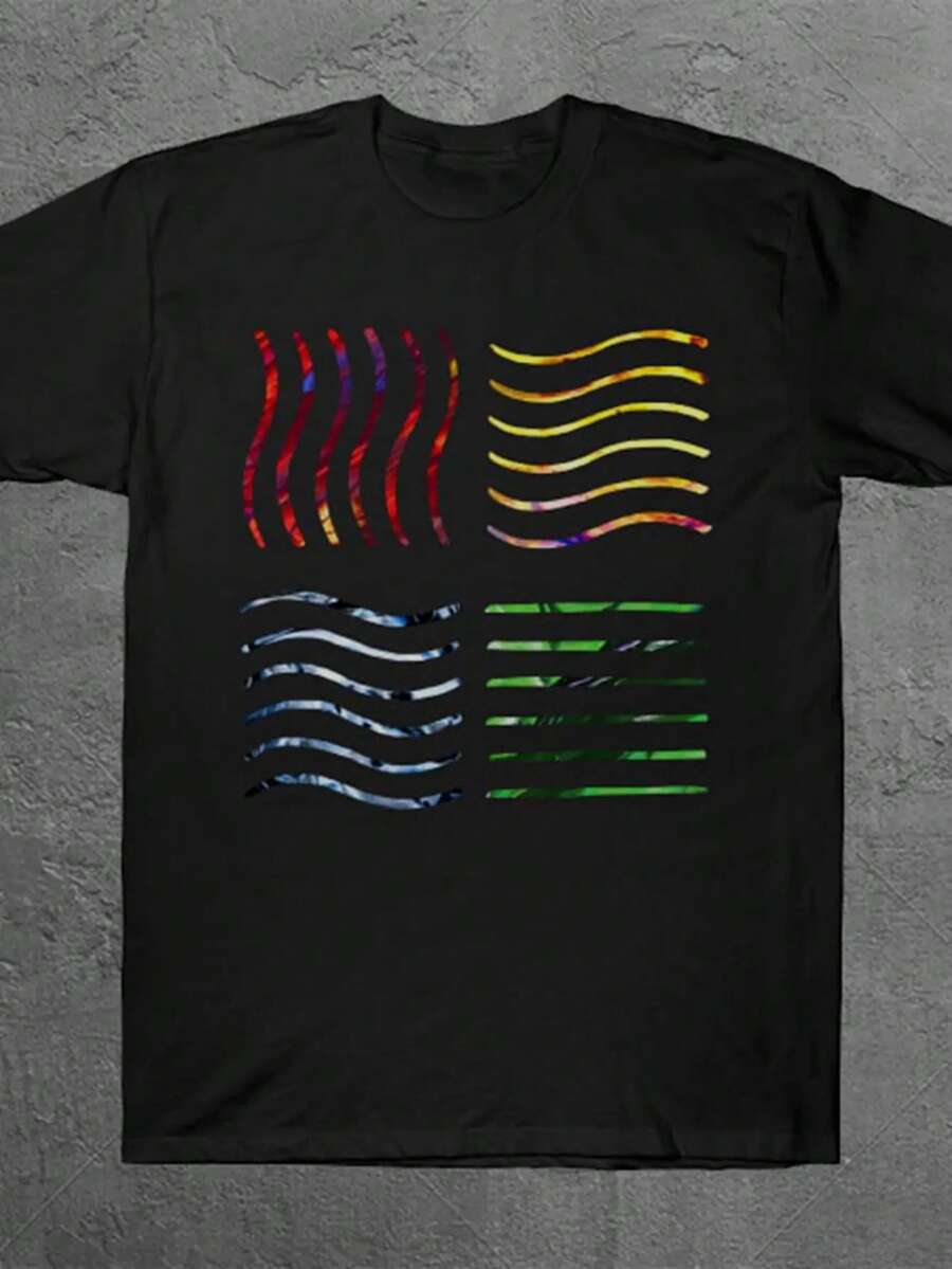 Men's Black Graphic Print T-Shirt, Short Sleeve Crew Neck Casual Tee, Abstract Wavy Line Design Fashion Top VYOY