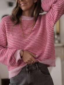 Women's Pink Striped Knit Pullover Sweater, Long Sleeve Regular Fit Top, Suitable For Autumn/Winter Wear - Watermelon Pink - View 1