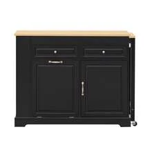 Kitchen Island On Wheels, Kitchen Island With Retractable Dining Corner, Trash Compartment And Drawers, Mobile Freestanding Kitchen Island, Ideal For Kitchen And Dining Room (Black) - 黑色+自然木色 - 查看 6