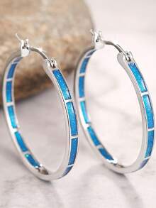 1 Pair Daily Hoop Earrings For Women, Wedding Engagement Party Jewelry, Valentine's Day Gift - Silver + Blue - View 2