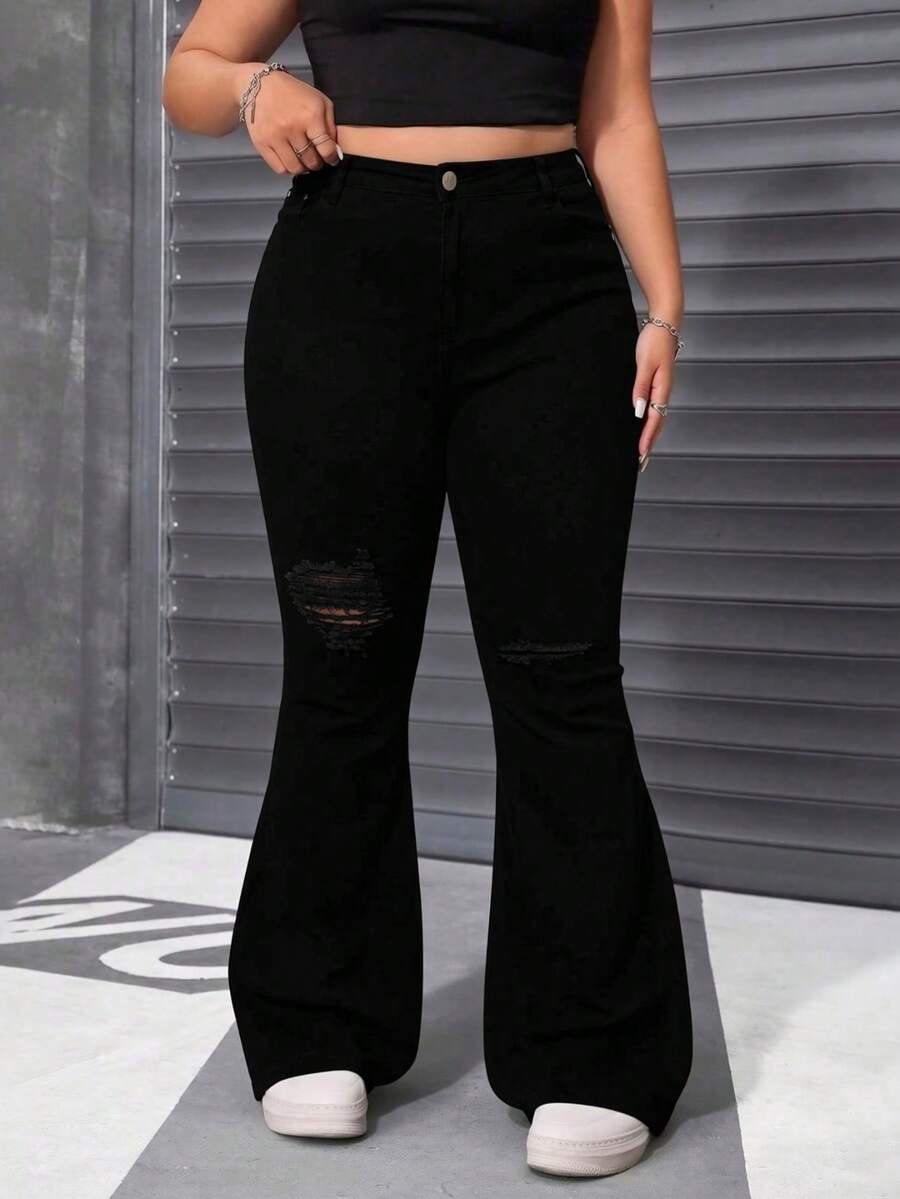 Curvy‑Size Pantalones campana de cintura alta con gran elasticidad, roturas con flecos que elevan glúteos ideal para figuras curvy - Negro - Ver 1