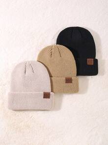 3pcs NYC Unisex Topi Beanie Rajut Musim Dingin dengan Patch Kulit untuk Pria dan Pakaian Luar Ruangan - MultiWarna - View 3