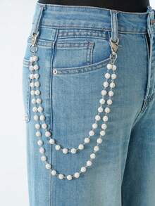 1pc White Rhinestone Ball Double Layer Pants Chain, Shiny Crystal Accessory - White - View 2