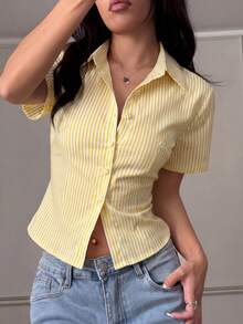 Women's Front Button Striped Shirt, Office Daily Commute Vacation Summer Casual Blouse - Yellowish-white - View 3