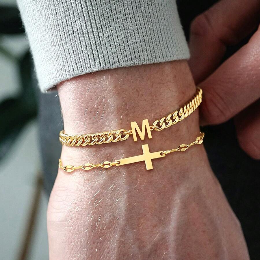 1 pieza Pulsera de cadena de acero inoxidable color dorado con inicial y bloque de cruz simple para hombres - Amarillo Oro - Ver 1