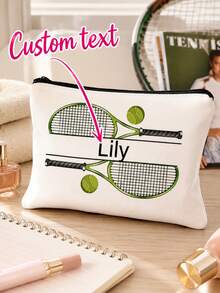 1pc Customized Personalized Tennis Racket Pattern Design Makeup Bag - Customized Name Cosmetic Bag, Neutral Zipper Toiletry Bag - Multicolor - View 5