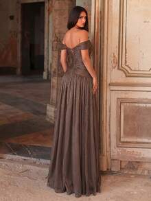 Women's Long Formal Chiffon Dress, Cold Shoulder Design, Tie Back, Flared Hem, Suitable For Weddings And Special Occasions Party - Coffee Brown - View 2