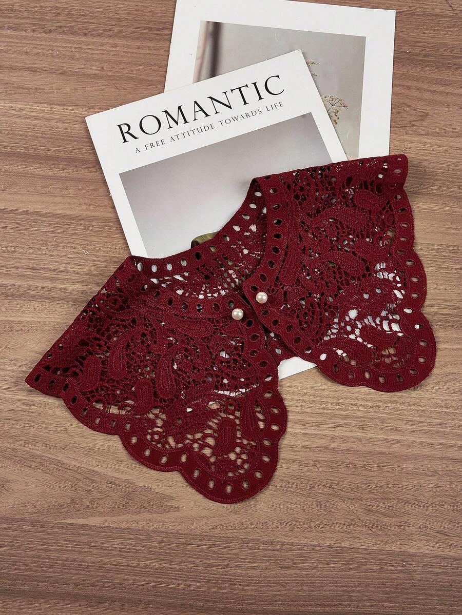 1pc Lace Detachable Collar, Versatile Shirt Collar, Single Collar Decoration, Scalloped Edge Shawl Collar, Pearl Button Embroidered Collar - Burgundy - View 1
