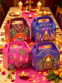 4pcs Diwali Handheld Gift Box Set, Diwali Party Handheld Storage Box, Diwali Guest Gift Packaging Box, Diwali Commemorative Gift Box, Diwali Banquet Packaging Box, Diwali Decorations, Diwali Atmosphere Creation Supplies, Diwali Packaging Supplies - Multicolor - View 1