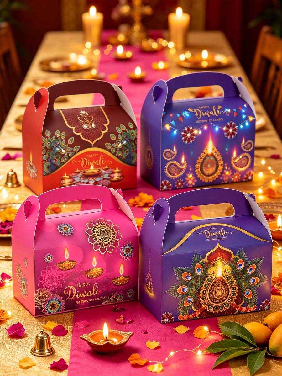 4pcs Diwali Handheld Gift Box Set, Diwali Party Handheld Storage Box, Diwali Guest Gift Packaging Box, Diwali Commemorative Gift Box, Diwali Banquet Packaging Box, Diwali Decorations, Diwali Atmosphere Creation Supplies, Diwali Packaging Supplies - Multicolor - View 1