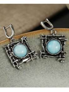 Gmzalx Women's Vintage Branch Texture Hanging Earrings, Versatile Elegant Daily Commute Accessory - Light Blue - View 6