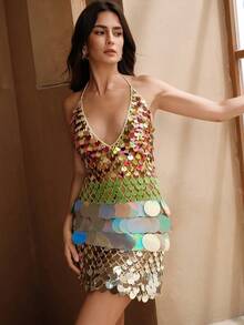 Gradient Sequin Halter Deep V Neck Dress, Sexy Backless Bodycon Mini Skirt For Beach Night Vacation Golden Summer - Multicolor - View 5